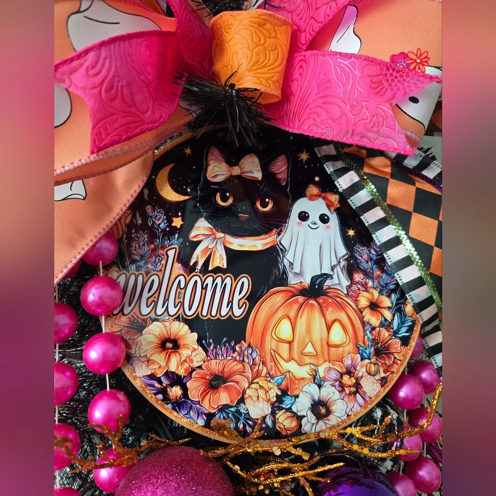 Halloween Whimsical Pink Ghost Wreath Swag